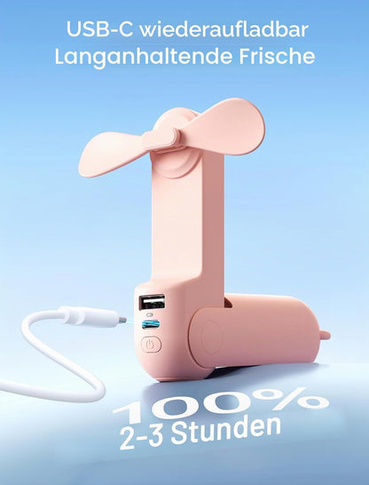JISULIFE Mini Handventilator, 3-in-1 Handventilator, wiederaufladbarer USB [12–19 Betriebsstunden] mit Powerbank, Taschenlampe, tragbarer Ventilator für Reisen/Sommer