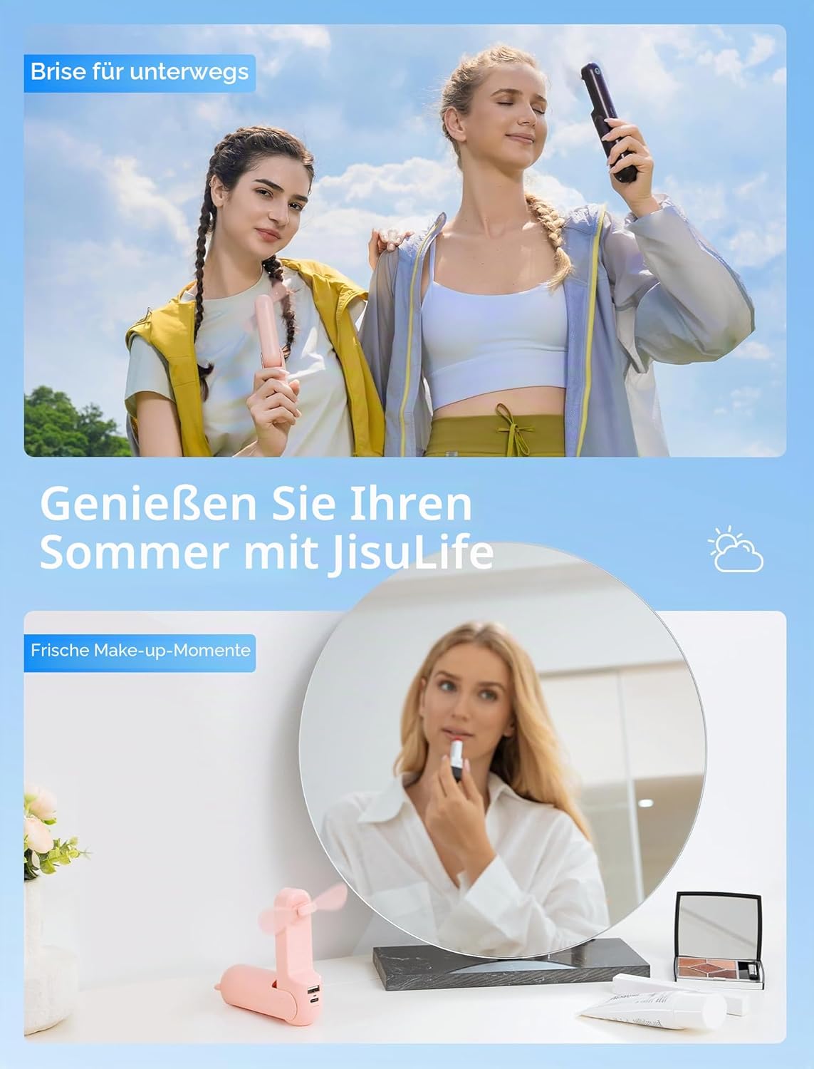JISULIFE Mini Handventilator, 3-in-1 Handventilator, wiederaufladbarer USB [12–19 Betriebsstunden] mit Powerbank, Taschenlampe, tragbarer Ventilator für Reisen/Sommer